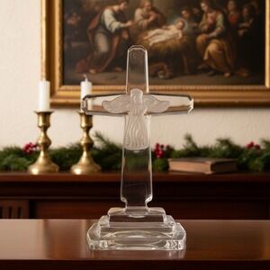 Towle‎ 24% Lead Crystal Cross, Vintage Frosted Angel, Heavy Pedestal Glassware